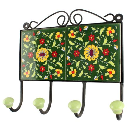 Forest Green Floral Ceramic Tile Hook